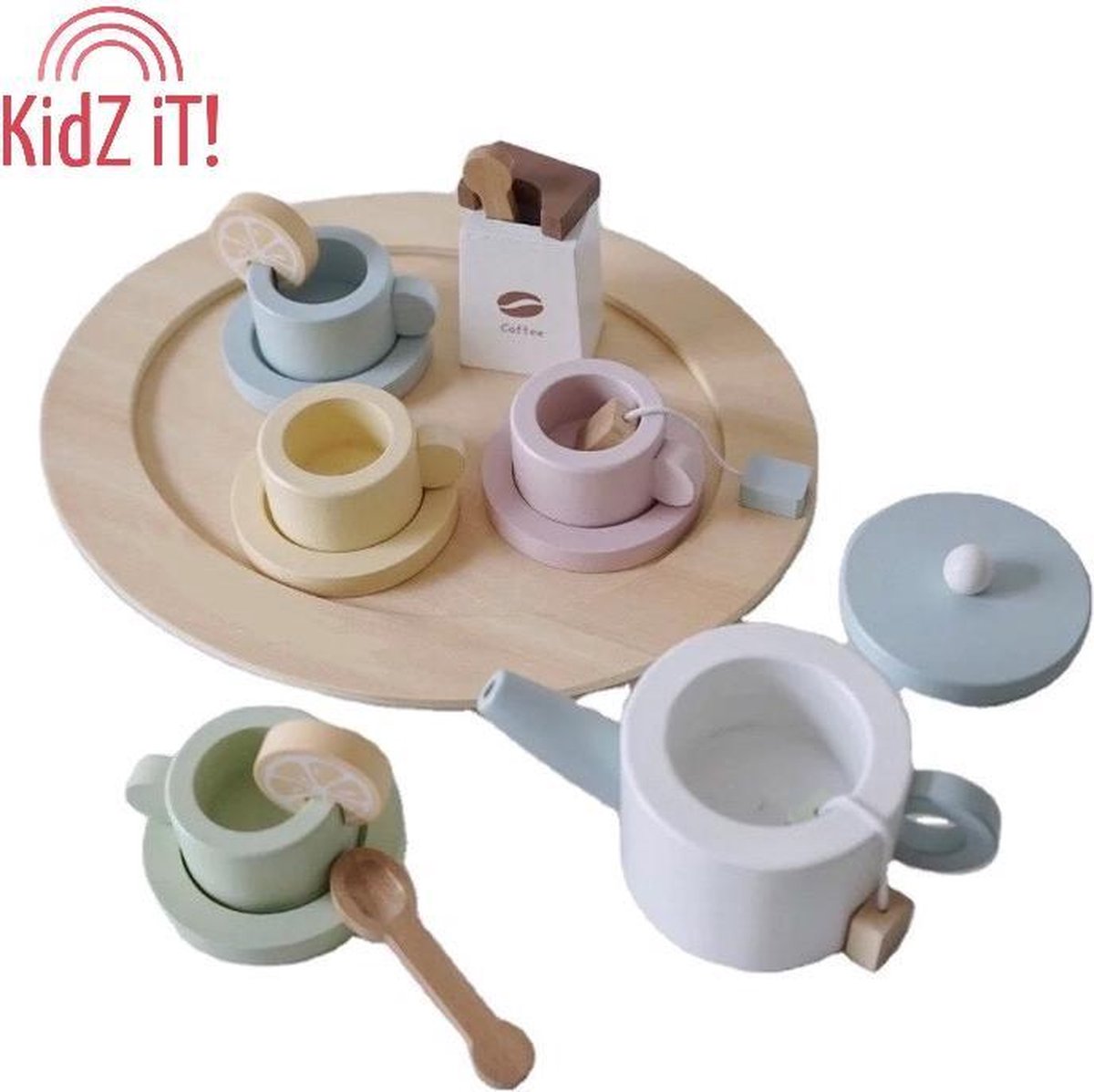 Kidz iT! Theeservies voor kinderen | Houten Speelgoed | 14-delige Servies Set | Koffie- en Theeset voor kinderen | Luxe Houten Speelservies | Duurzaam Spelen | Wooden Toys KidZ It!