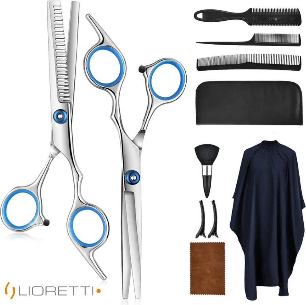 Lioretti® Kappersset | Kappersschaar | Twee Scharen | Uitdunschaar | Kappersmantel | Effileerschaar | 10 Delige Set