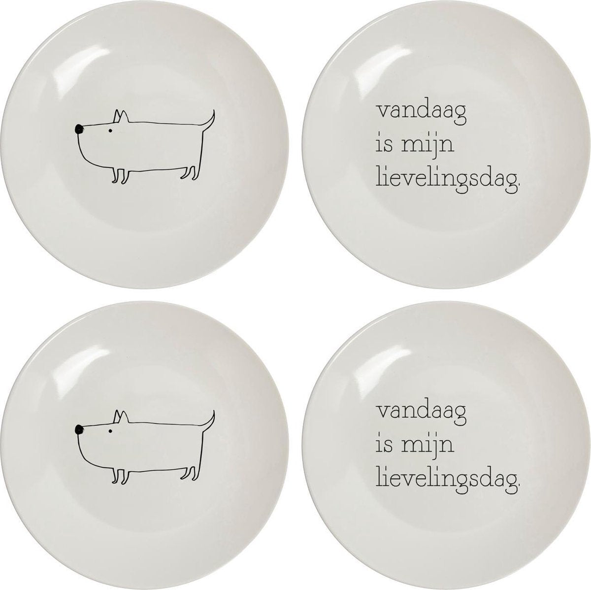 Bordenset 4 stuks Ø˜20 cm "Vandaag is mijn lievelingsdag" en "Hondje" - wit