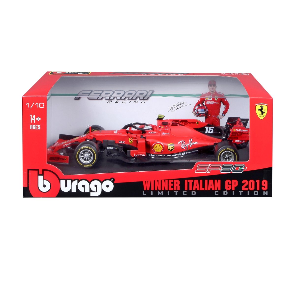 Bburago  Ferrari SF90 #16 CHARLES LECLERC 2019 - MONZA SPECIAL LIVERY "LIMITED EDITION" rood/zwart schaalmodel 1:18