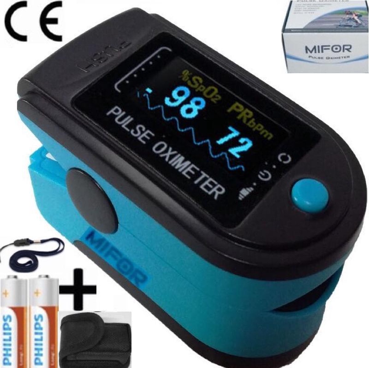 MIFOR® Professioneel Revalidatie Saturatiemeter met Hartslagmeter - INCL. BATTERIJEN & OPBERGTAS & DRAAGKOORD - Oximeter Spo2 - OLED Display - Zuurstofgehalte - Zuurstofmeter Vinger - Kleur Zeeblauw met Wit