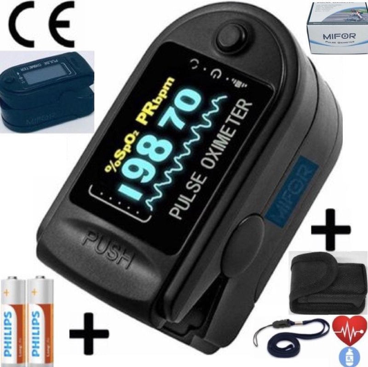 MIFOR® Professioneel Saturatiemeter met Hartslagmeter - INCL. BATTERIJEN & OPBERGTAS & DRAAGKOORD - Oximeter Spo2 - OLED Display - Zuurstofgehalte - Zuurstofmeter Vinger - Kleur Zwart