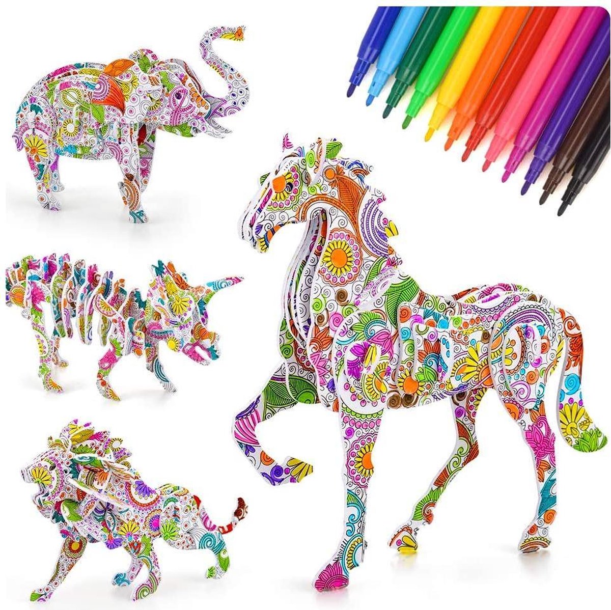 BOTC - 3D kleurpuzzelset voor kinderen  - 4 Dieren puzzels  met 12 pen Markers - RECYCLEREN - doe-het-zelf kunst en handwerk