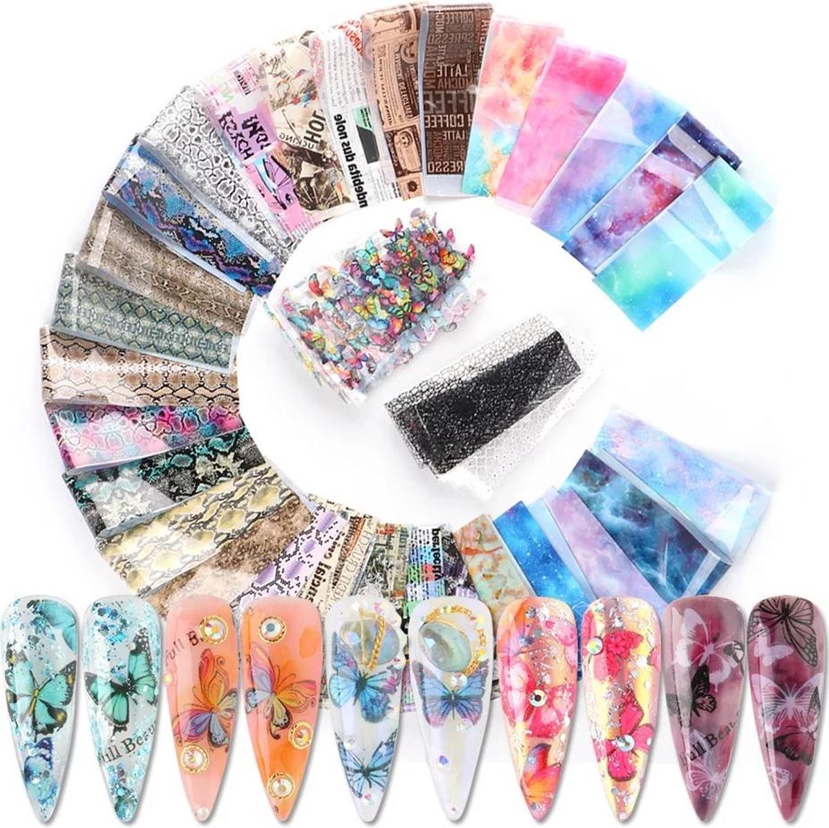 Set van 50 x Transfer nail art foil + 1 rubberen bokkepoot - nagel folie - Sparkolia - mix design nagelfolie 1 - voor op nagellak / UV LED gellak / transfer gel / stickers