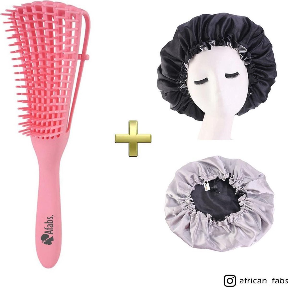Afabs® Roze Anti-klit Haarborstel + Zwarte satijnen slaapmuts | Detangler brush | Detangling brush | Satin cap / Hair bonnet / Satijnen nachtmuts / Satin bonnet | Kam voor Krullen | Kroes haar borstel