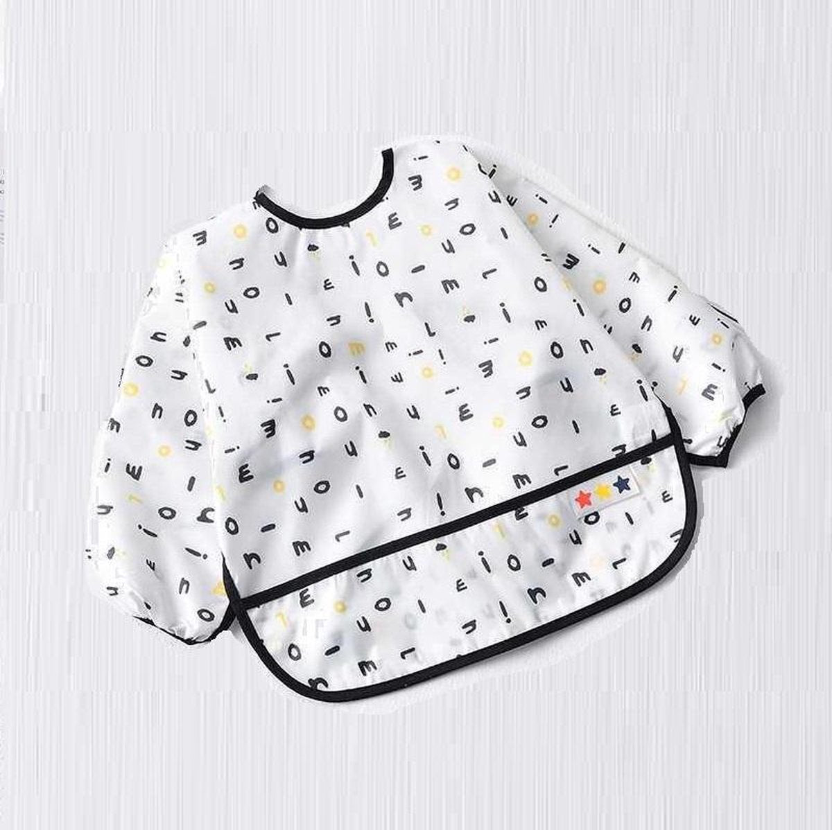 Slabbetje lange mouwen met brede opvangbak (6-24 maanden) - letters - baby en dreumes - waterproof - waterdicht knutselshort - kliedershort