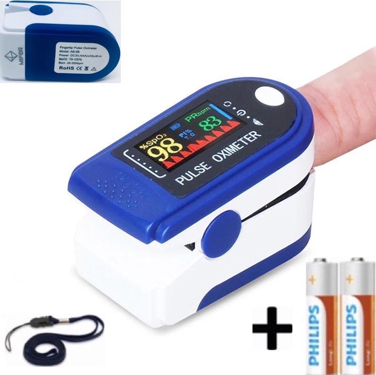 MIFOR® Professioneel Saturatiemeter met Hartslagmeter - INCL. BATTERIJEN & DRAAGKOORD - Oximeter Spo2 - OLED Display - Zuurstofgehalte - Zuurstofmeter Vinger - Kleur Donkerblauw met Wit