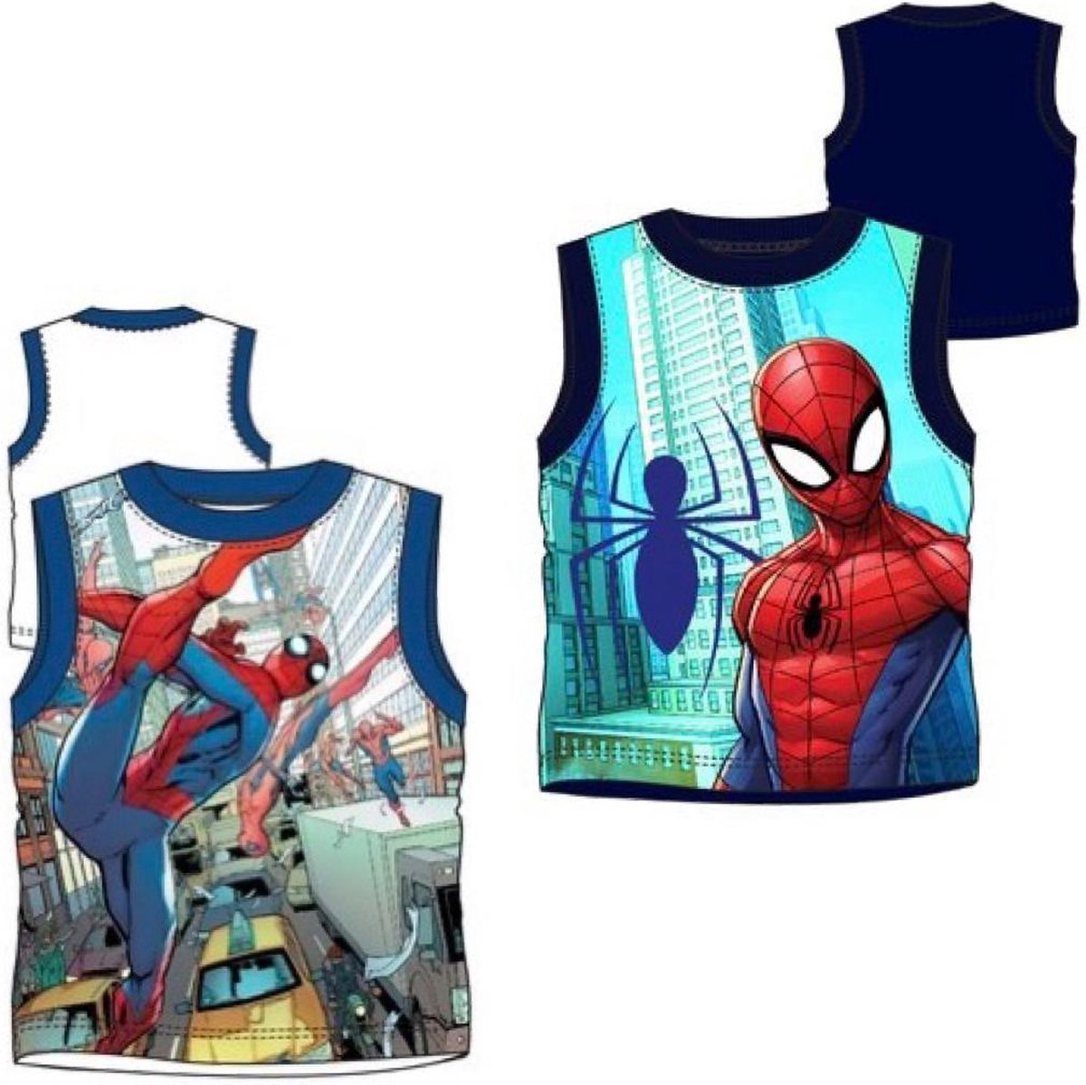 Marvel Spiderman mouwloos  t-shirt -   set van 2  - wit + blauw  - maat 104 (4 jaar)