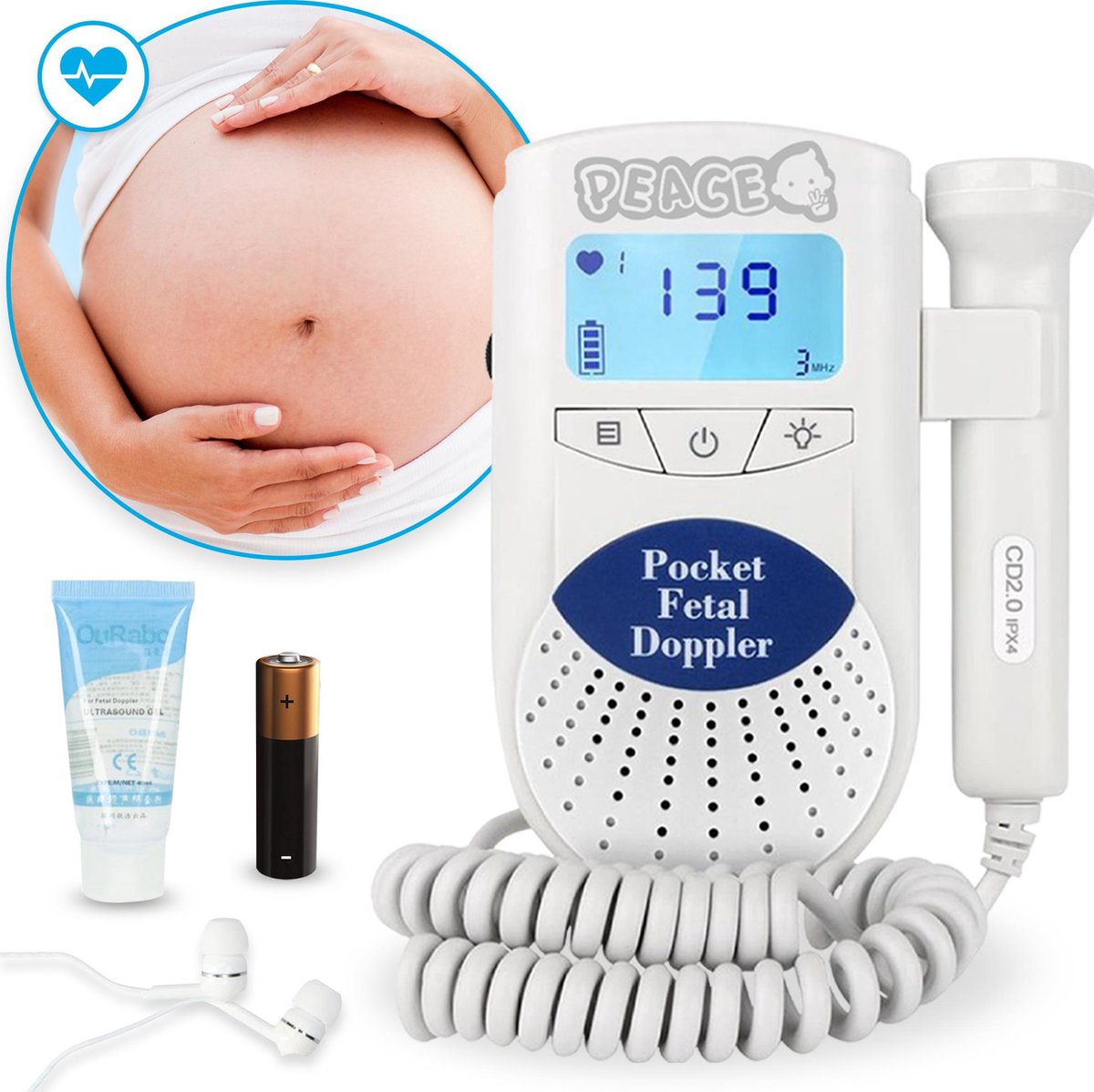 PEACE® Doppler – Baby Hartje Monitor – Hartslag Meter - Blauw -  Inclusief Ultrasound gel