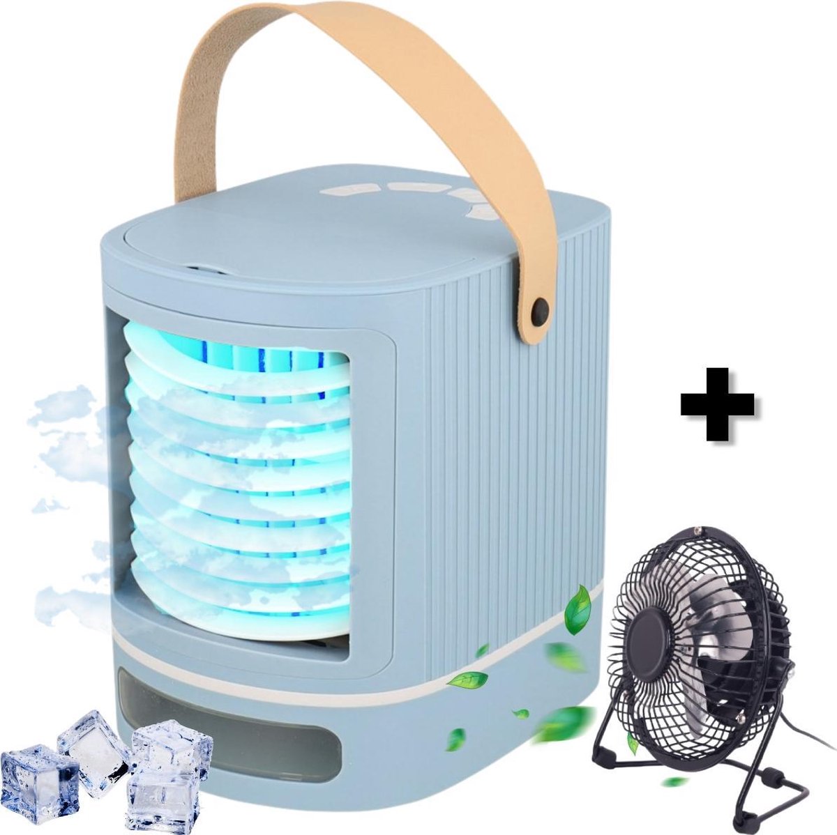 Kendom – Mobiele Mini Aircooler – Luchtkoeler – Airco – Met Water – USB – Inclusief Tafelventilator – Blauw