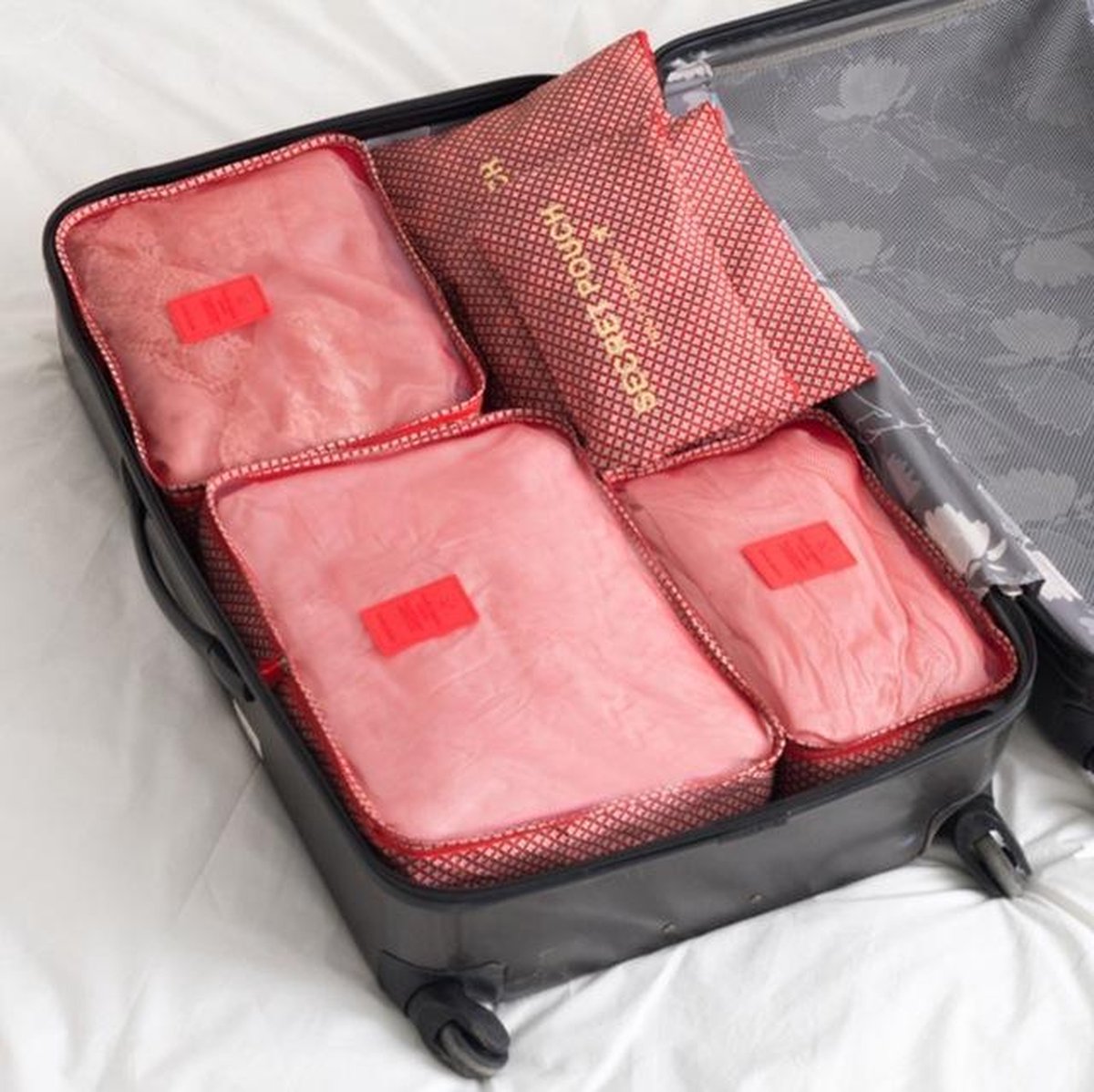 Packing cubes set 6 delig – Ster – Rood – Backpack Organiser