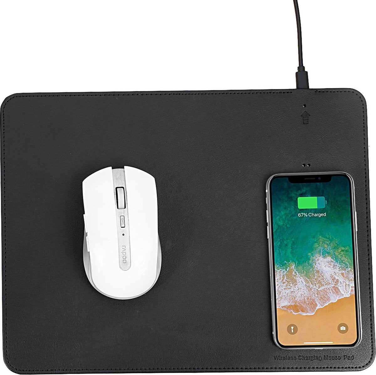 Muismat Leder + Draadloos Qi Oplader voor Smartphone van TechNow - Zwart