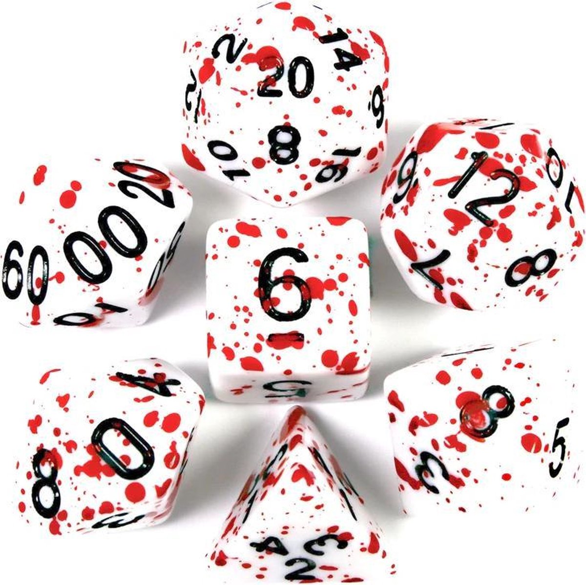 Bloody Polydice set - Polyhedral dobbelstenen set 8 delig | Set van 7 in velours bewaarzakje / bag / pouch| dungeons and dragons dnd dice | D&D Pathfinder RPG | Wit Rood (bloedspetters) blood