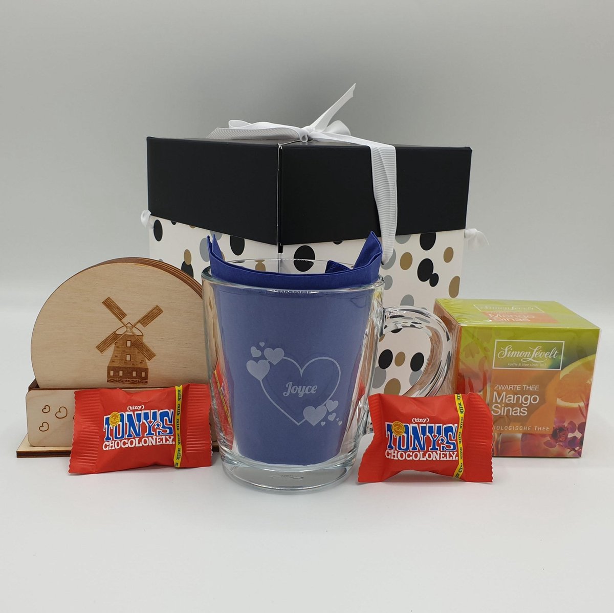 Luxe thee geschenkset - giftbox - verwenpakket - cadeau met gepersonaliseerd theeglas en biologische thee