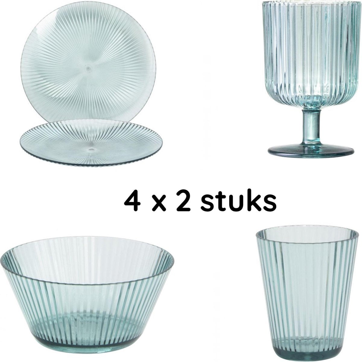 Servies set incl. Bord + Kom + Wijnglas + Drinkbekers - 4 x 2 stuks - Blauw - Picnic servies