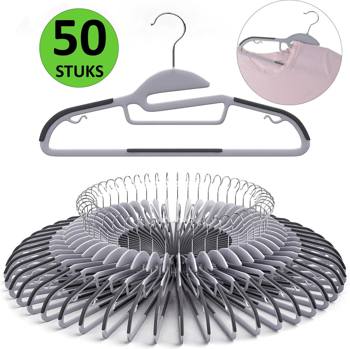 Gadgy 50 Antislip Kledinghangers met unieke S vorm - Kleerhanger met Broeklat - Grijs - Ruimtebesparend -Buigzaam