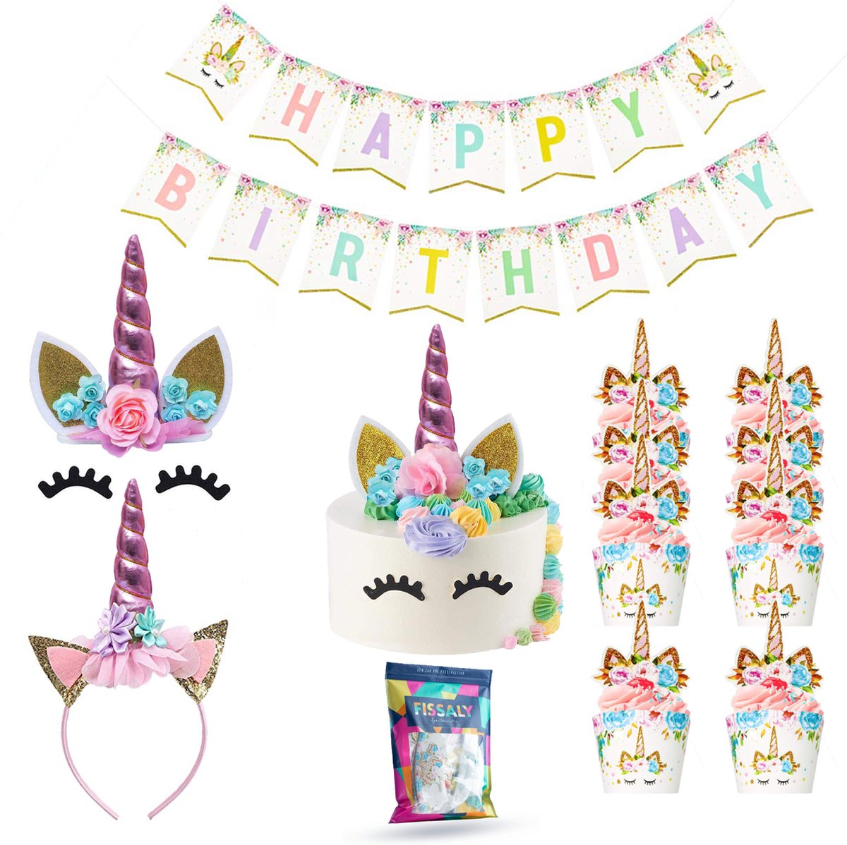 Fissaly® 53 Stuks Roze Eenhoorn Verjaardag Decoratie Versiering – Unicorn Topper Set – Kinderfeest – feest