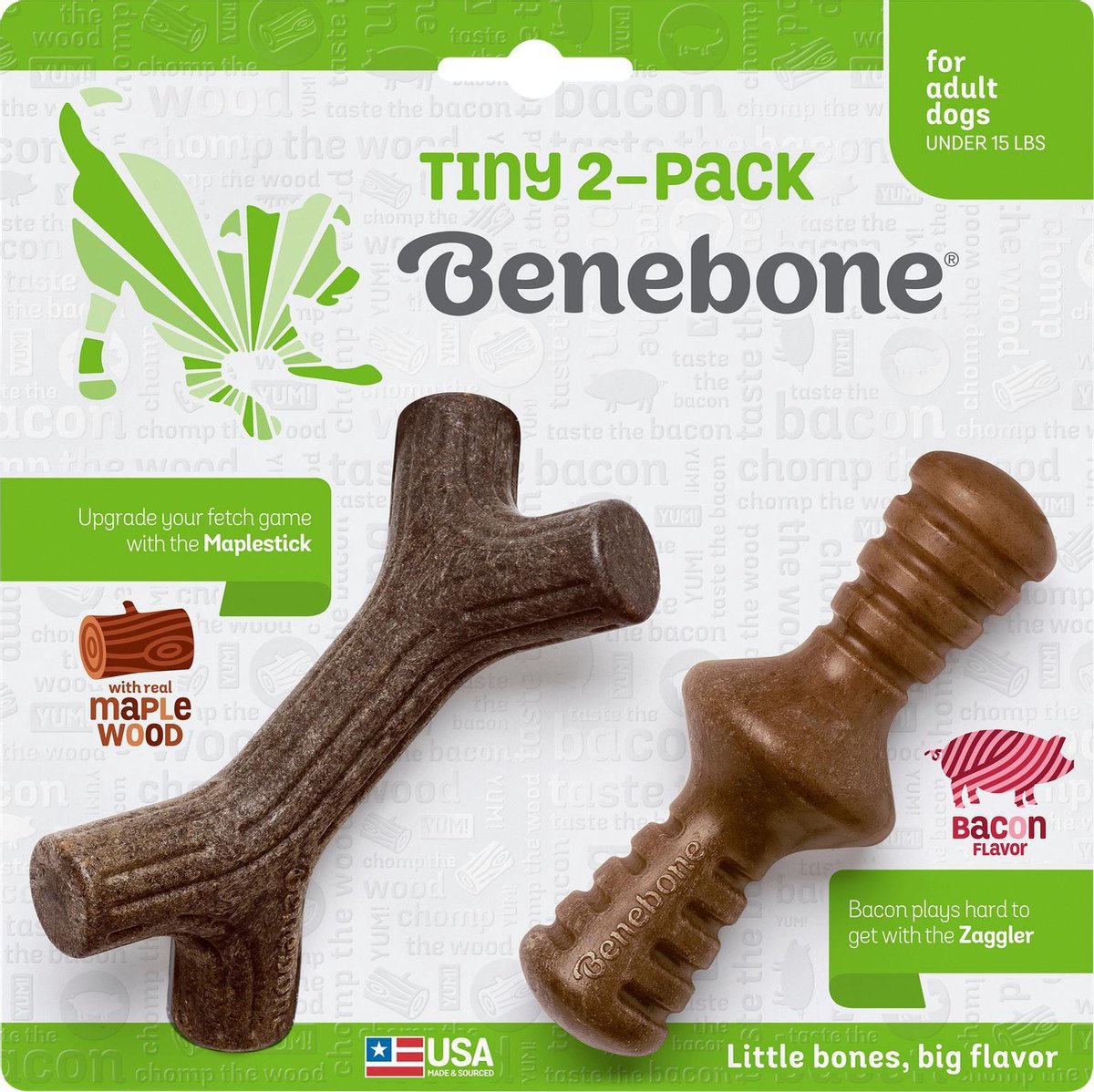 Jack and Vanilla - Benebone Tiny Maple Stick + Zaggler Bacon - voor kleine harde bijters tot 7 kg