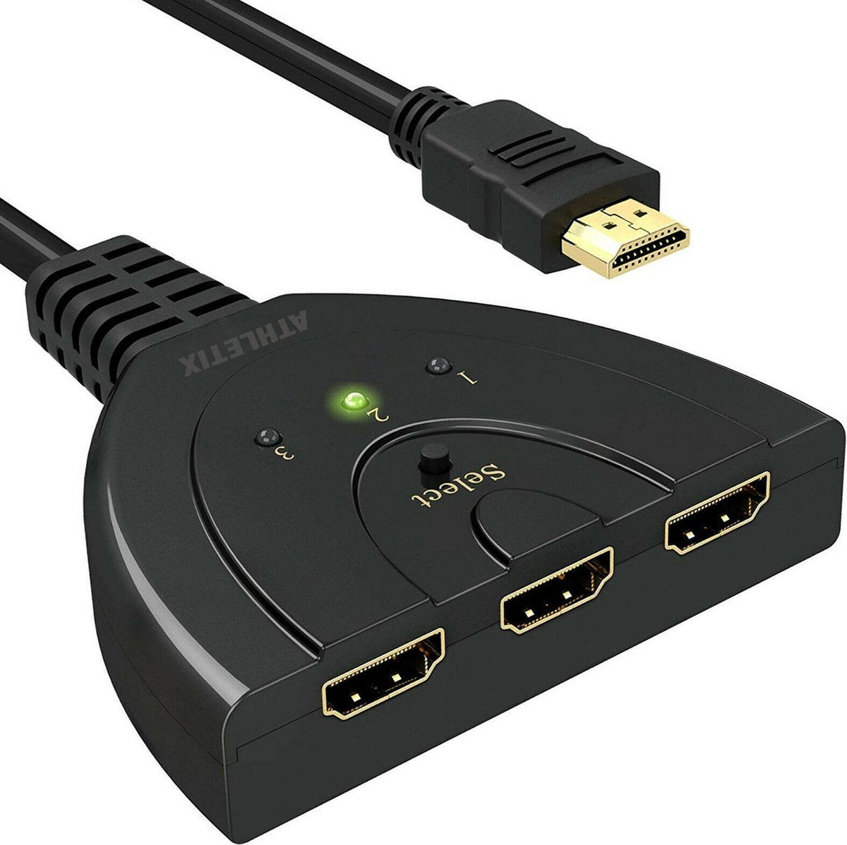 HDMI Switch - 3 in naar 1 uit HDMI Splitter - 3 ingangen - 1080p Full HD - Indicatie LED + Pigtail - Zwart - Athletix®