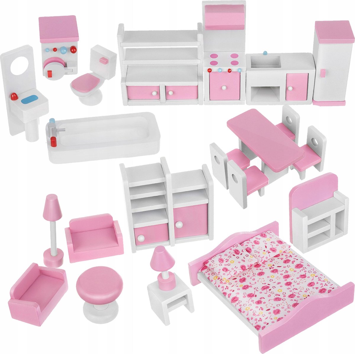 Houten Meubels set voor een Poppenhuis - Poppenhuis Meubels - Kinder Speelgoed - Poppenhuis Meubeltjes - Luxe Houten Meubelen - Poppenhuis Meubels - Poppen - Poppenhuizen & Inrichting - Poppenhuishouden - Poppenhuisinrichting - 27 Stuks - Roze / Wit