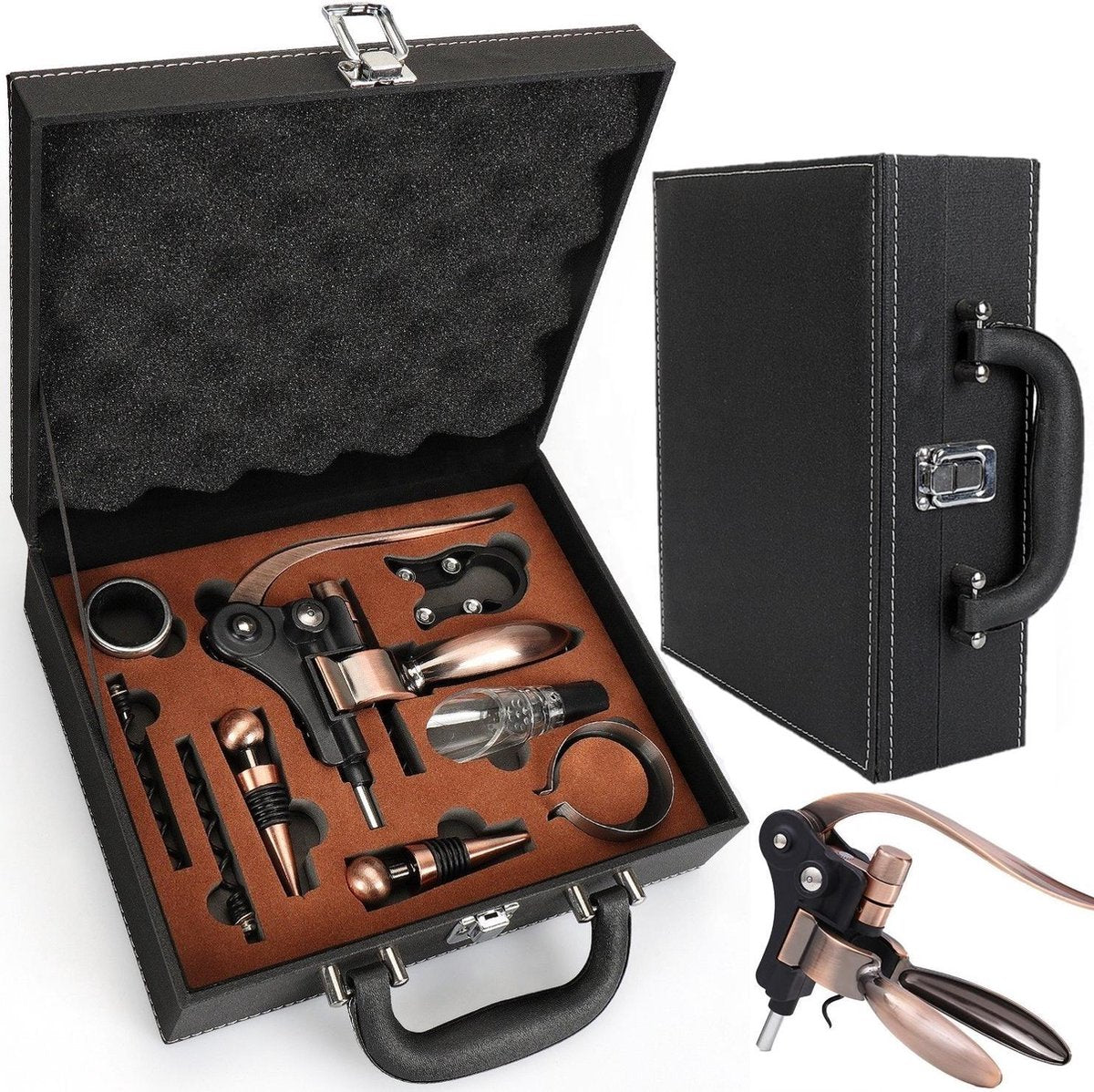 Luxe Kurkentrekker - Wijnopener - Flessenopener - Wijnaccessoires Set 9 in 1 - Wijntopper - Leren Geschenkdoos - Cadeautip