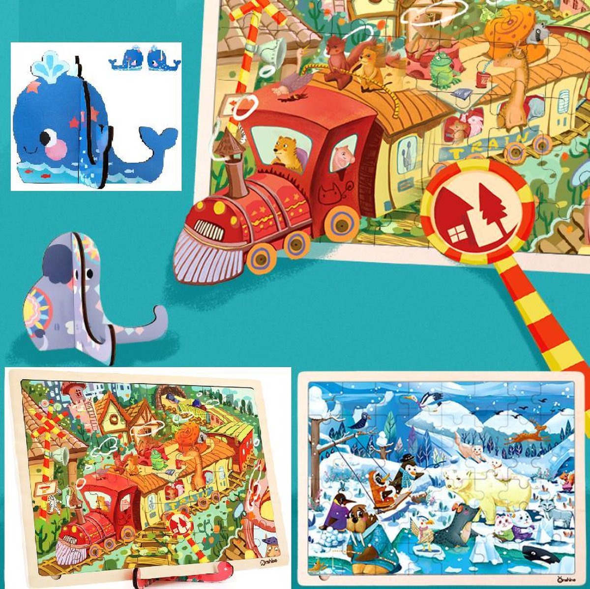 Onshine - Twéé verschillende sets 48 stukjes hoge kwaliteit lasergesneden houten puzzel met leuke standaards - Stoomtrein en Treinstation & Arctisch Avontuur - kinderpuzzel dieren