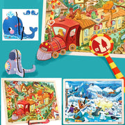 Onshine - Twéé verschillende sets 48 stukjes hoge kwaliteit lasergesneden houten puzzel met leuke standaards - Stoomtrein en Treinstation & Arctisch Avontuur - kinderpuzzel dieren