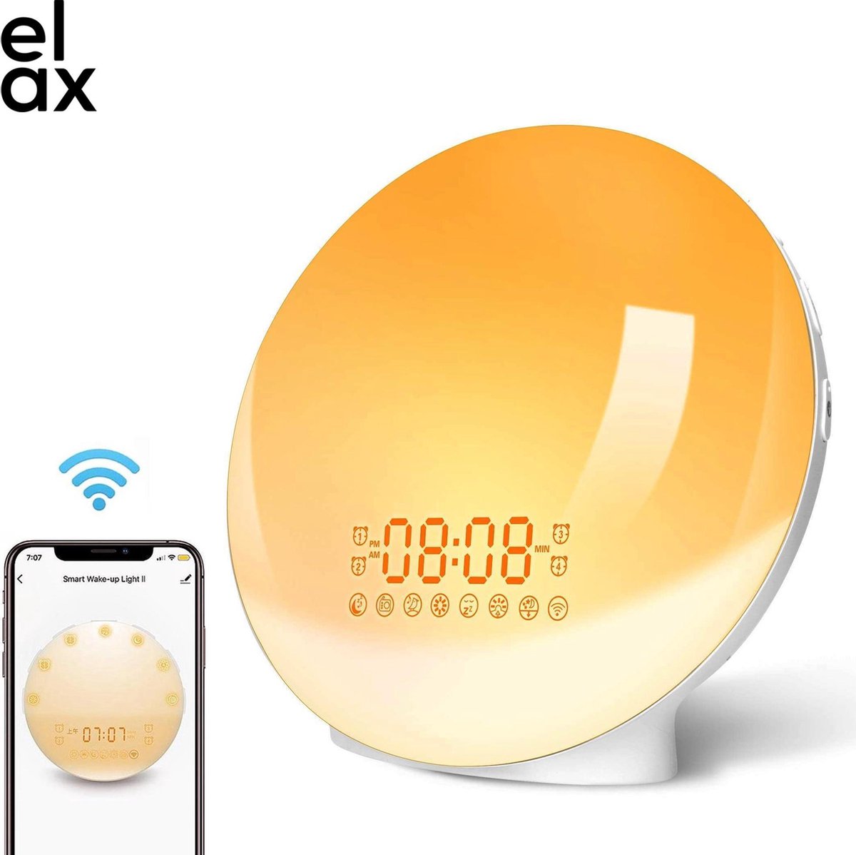 Wake-up light - Wekker Radio - Nachtlamp - Smarthphone app - Voice control - Sunset lamp