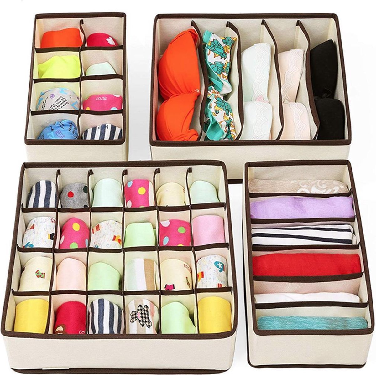 Organizer voor Kleding - Kledingverdeler - 4 stuks - Opbergbox - Opbergsysteem 45 vakken - Beige