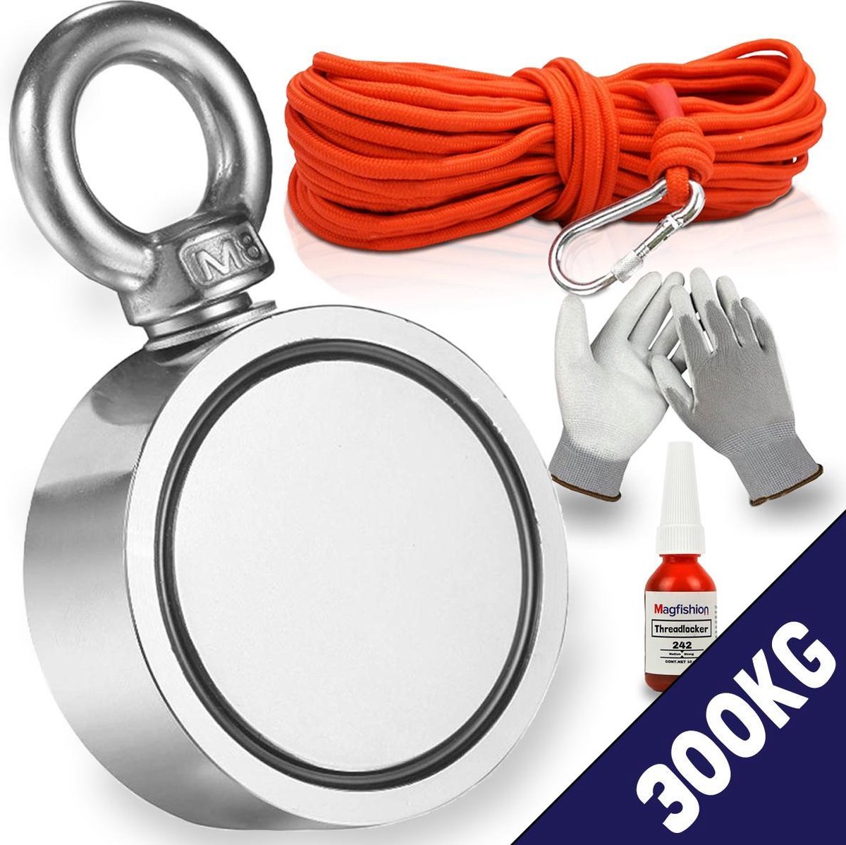 Magfishion® Dubbelzijdige Vismagneet Set - 300 KG - Magneetvissen - 20m Touw + Karabijnhaak met Schroefsluiting - Handschoenen - Borgmiddel - Magneetvissen Starterspakket - Magneet Vissen - Outdoor