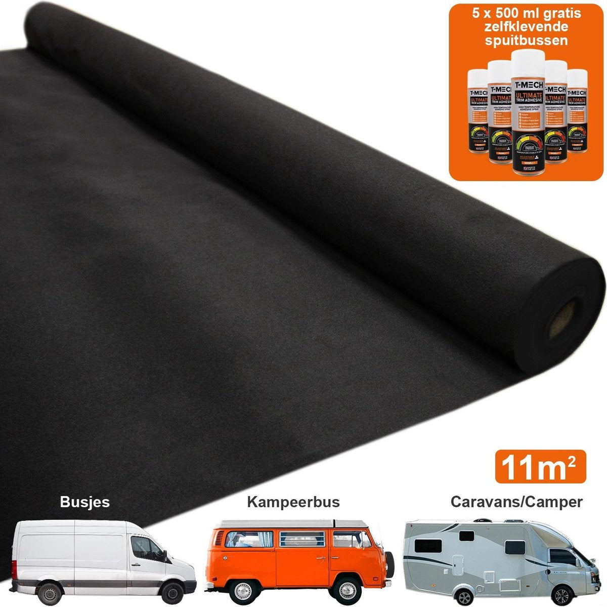 Bekleding bedrijfswagen 11m2 - Kleur: Zwart - GRATIS 5 blikken multifunctionele lijm - rekbaar - inrichting bedrijfsauto - vloerbekleding