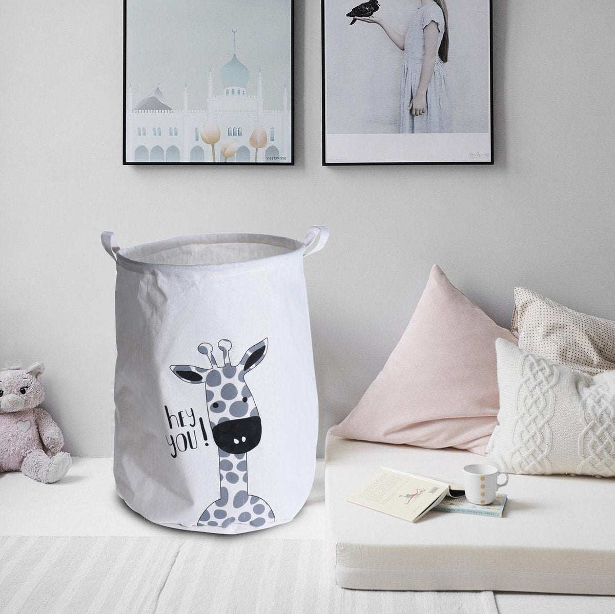 Waszak met 2 handvaten bedrukt met leuke dieren prent - opbergmand - 40x50cm - opvouwbaar - gebroken wit