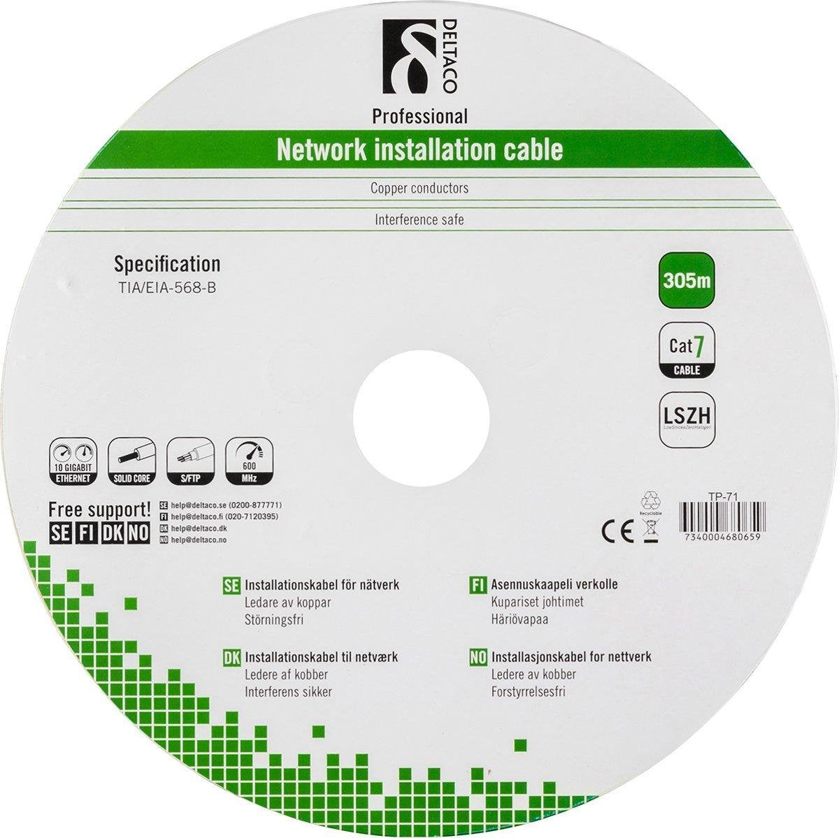 Deltaco S/FTP Kabel Cat7 Massief 305m Grijs LSZH Installatiekabel