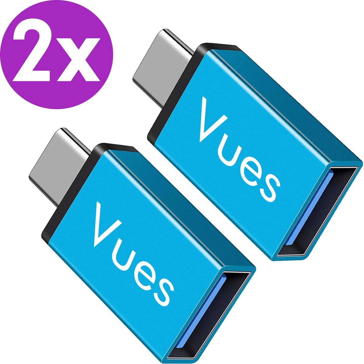 Set van 2 USB-C naar USB-A adapter OTG Converter USB 3.0 - USB C to USB A HUB Verloop - Blauw