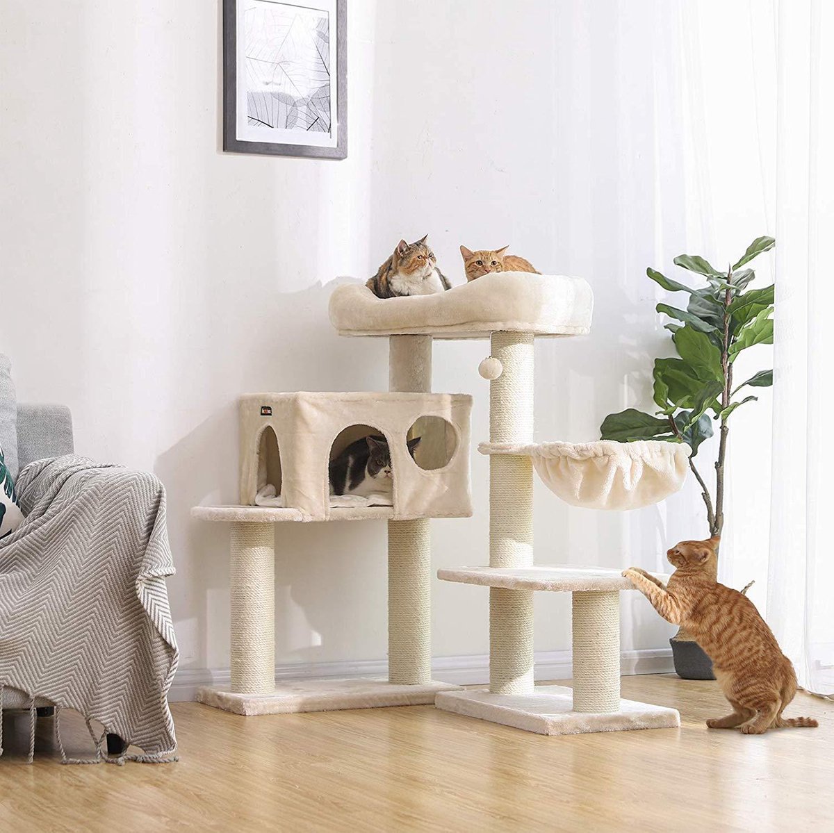 Luxe Katten Krappaal Met Hangmat & XXL Uitzicht Plateau - Activity Center - Grote Krappaal Klimpaal - 112 CM Hoog - Beige