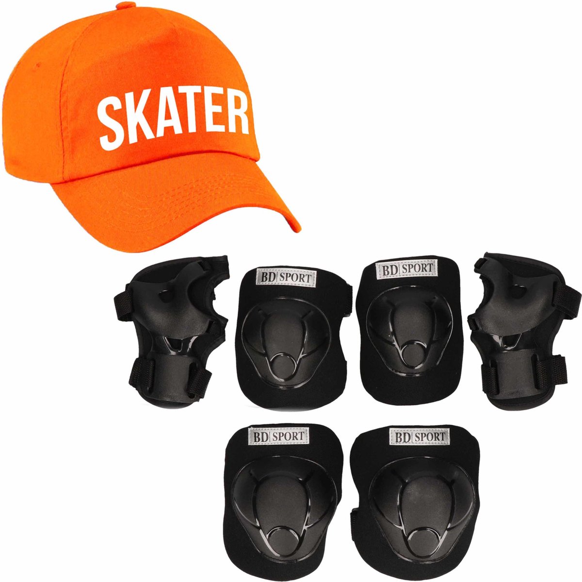 Set van valbescherming voor kinderen maat  M / 6 tot 8 jaar met een stoere SKATER pet oranje