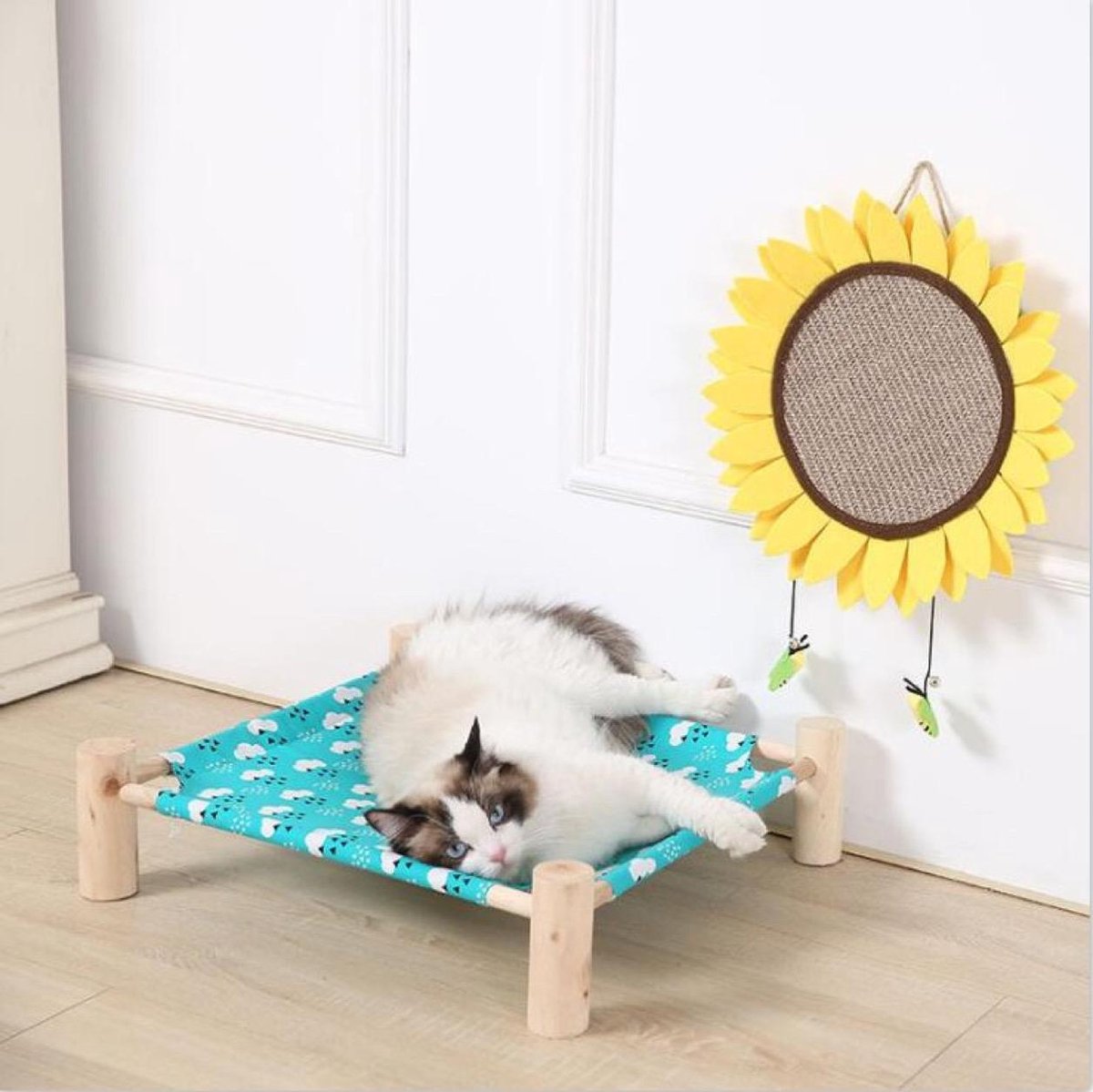 Kattenmanden &- kussens - houten frame met vrolijke