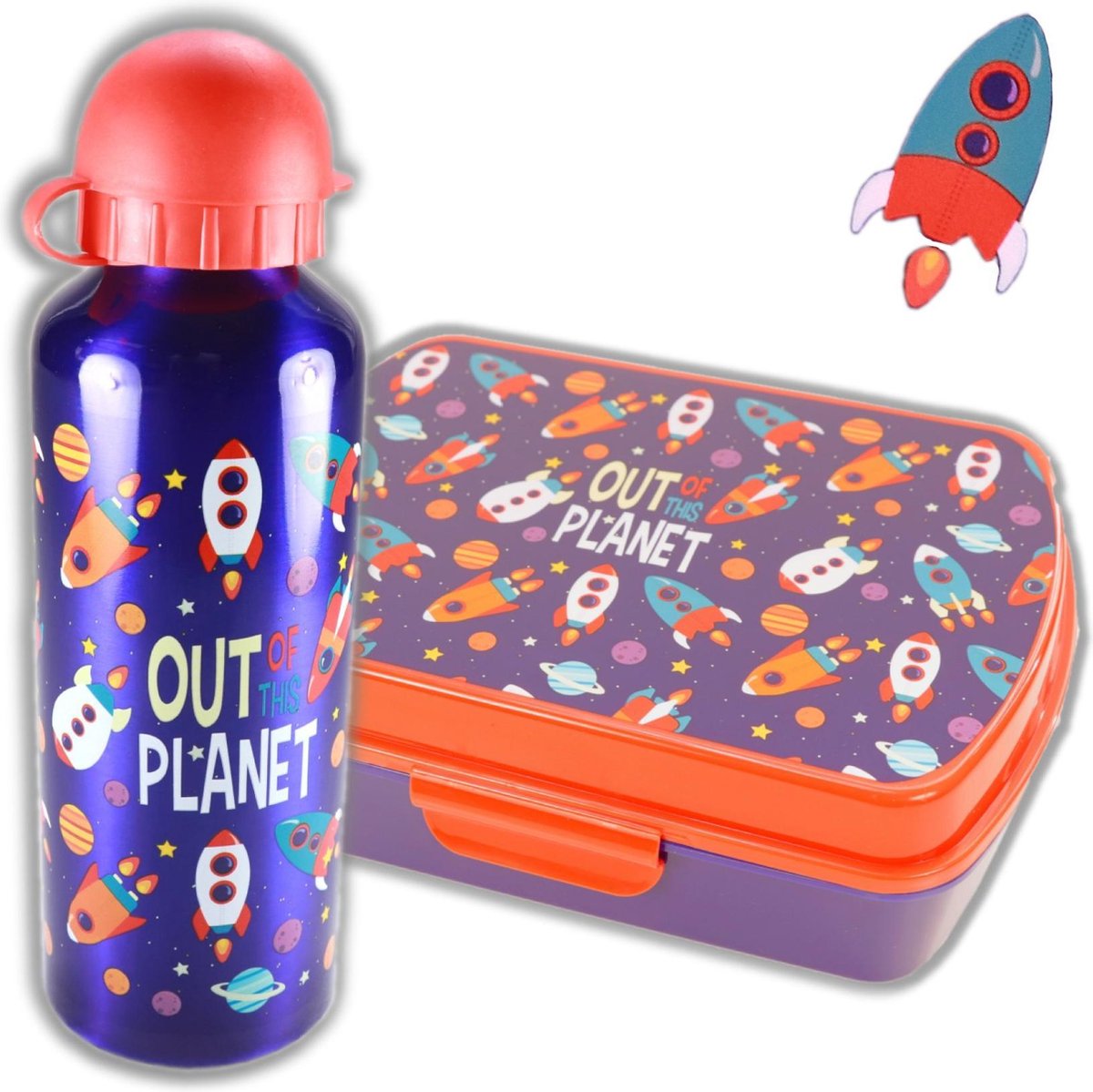 Ruimte en Raket broodtrommel + aluminium drinkfles Blauw | Lunchbox Space jongen LS06