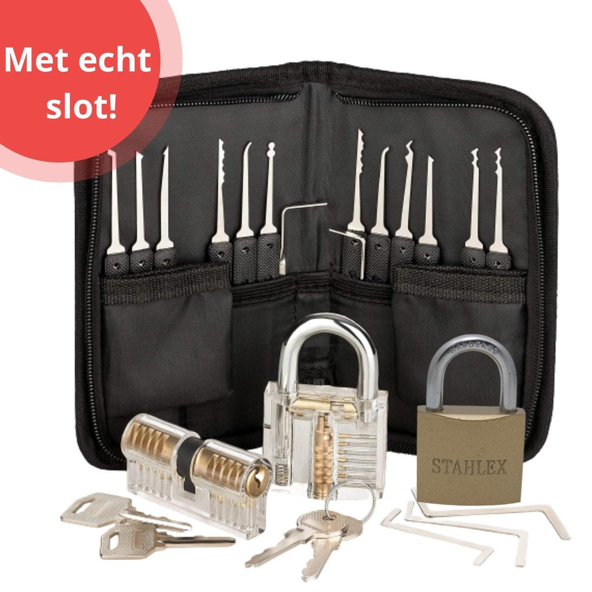Uitgebreide Lockpick set - Lockpicking - Inclusief echt slot - 2 oefensloten - Lockpicken voor beginners en professionals - Gratis Ebook