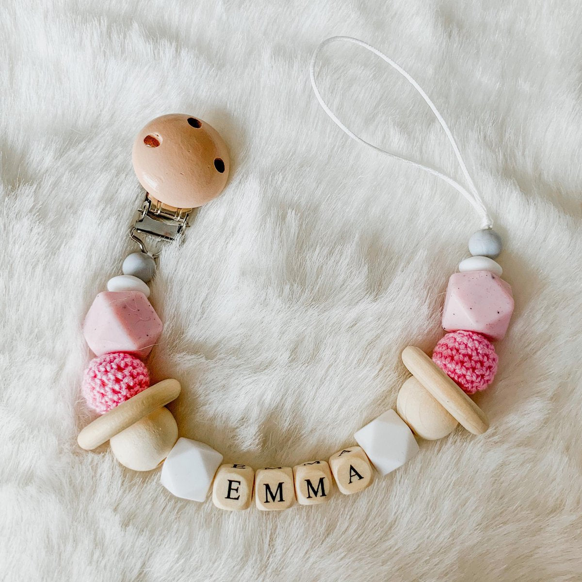 Babybeads - Speenkoord met naam - Lichtroze met wit