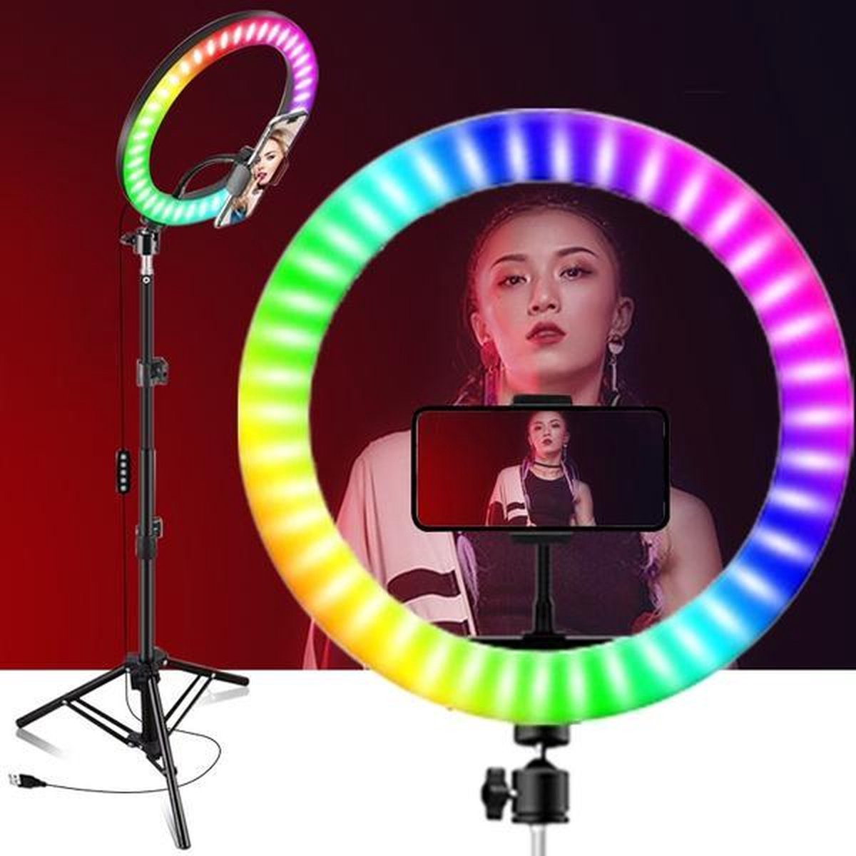 S&L RGB ringlamp tiktok lamp met telefoonhouder  met statief (verstelbaar) incl telefoonhouder 26 cm/10 inch -210 cm hoog - USB - TikTok - flitser - Ring lamp - Ringlamp telefoon - Vlog - Make-up light - Studiolamp Instagram Facebook tik tok kleding