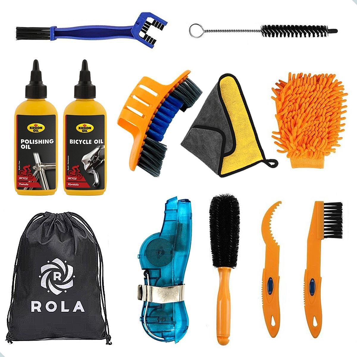 ROLA 12-delige Fietsketting Reiniger Set - Kettingreiniger Fiets – Fietskettingreiniger - Fietsreinigingsset - Fietsonderhoudsmiddelen - Ontvetter Fiets - Fietsonderhoud - Fietsolie