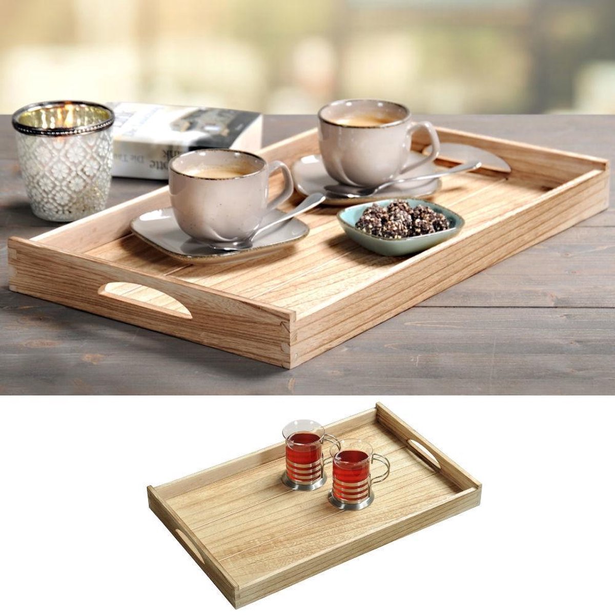 FSC® Houten Dienblad Rechthoekig - Design koffie / Thee dienblad - Dienblad met handvatten - Paulownia hout - 47 x 29.5 x 4.5 Cm