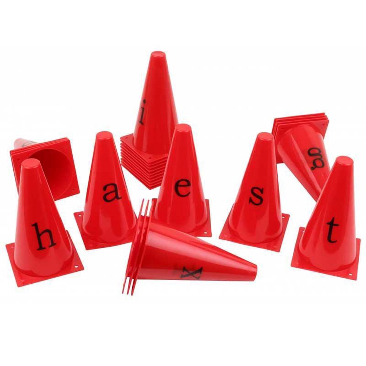 Vinex - 26 Pionnen met de letters van het alfabet - A t/m Z - ca. 23 cm hoog - Rood - Pionnenset van 26 stuk - Pylonen - Kegel - Horden - Pionnen