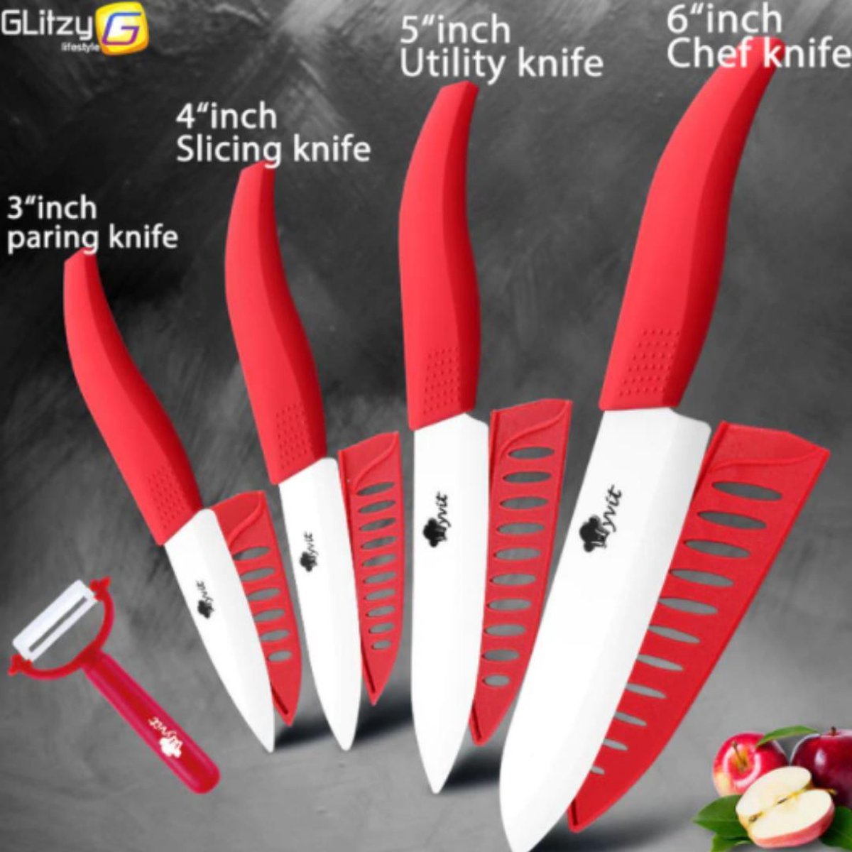 Nolad® Premium Keukenmessen Set - Keramische Keukenmessen Set - 5 in 1 set - Keukenmessen - messenset - inclusief schiller - Rood