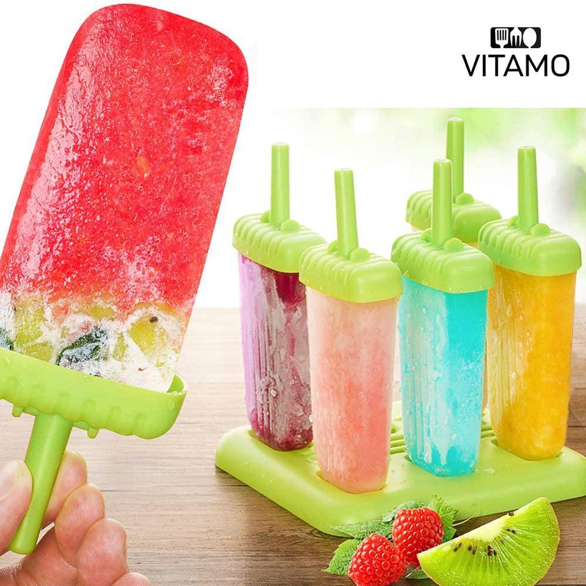 VITAMO™ IJslolly Vormen - IJsvormpjes - IJsjeshouder - Zelf ijsjes en ijsblokjes maken - Anti-knoei - Complete set met trechter en borsteltje - BPA-vrij - 6 Stuks - Groen