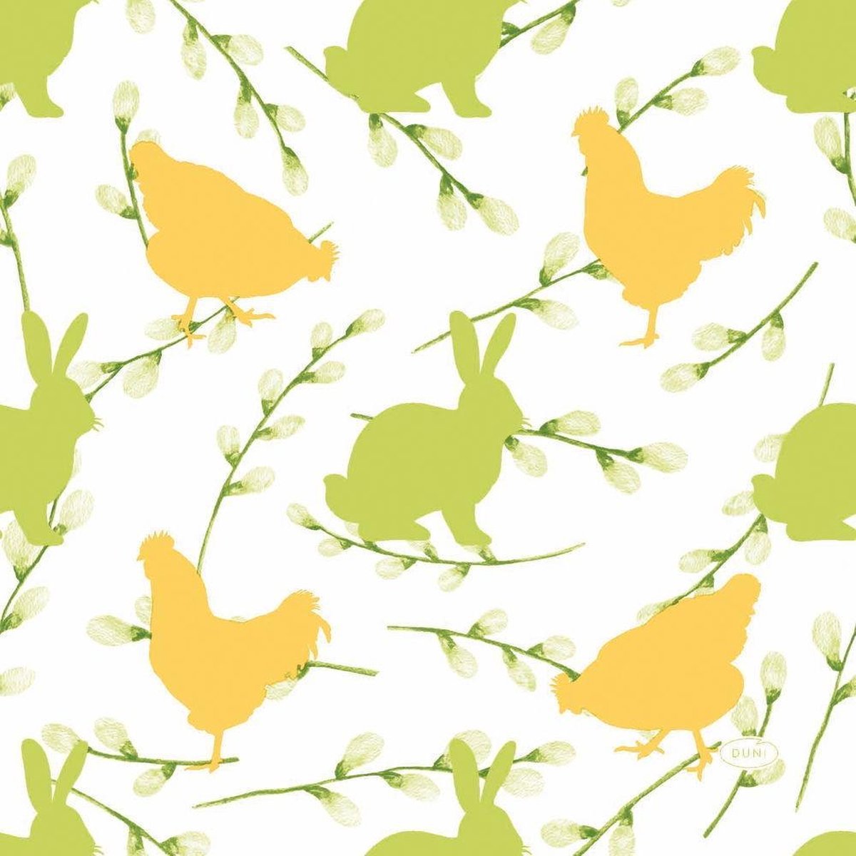 20x stuks Pasen servetten konijnen en hanen geel / groen - 33 x 33 cm - Pasen thema papieren tafeldecoraties