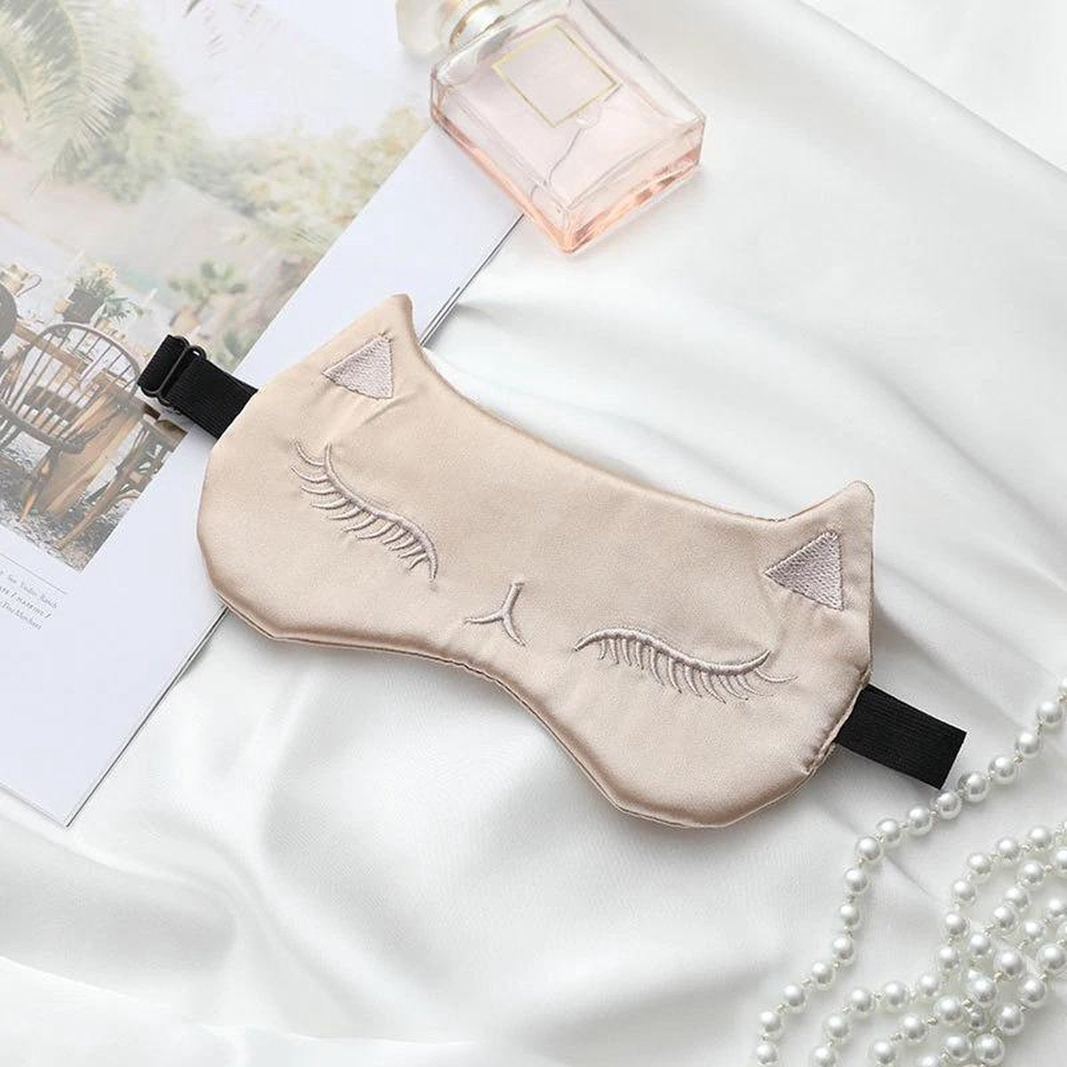 Premium Zijden Slaapmasker - 100% Moerbeizijde - Kat Slaapmasker - Crème