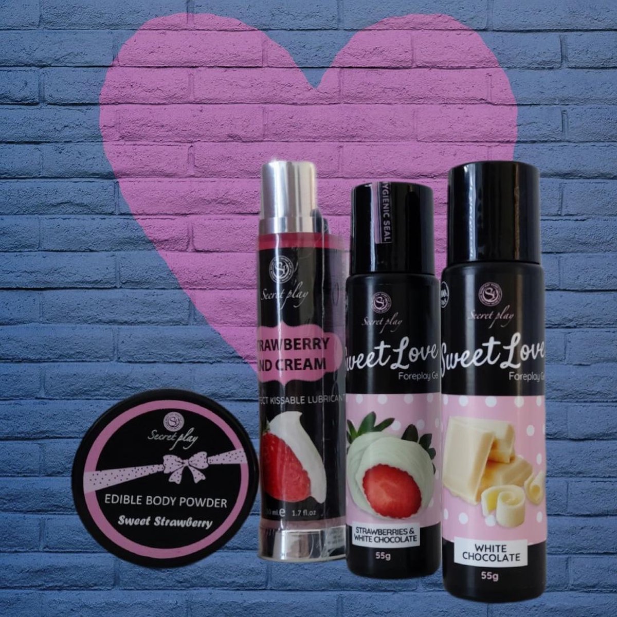 SET: Secret Play 1 x White chocolade gel | 1 x White chocolade & strayberry gel | 1 x Strawberry & cream glijmiddel | 1 x Strawberry eetbaar poeder | Liede | Valentijn | For White Chocolade Lovers