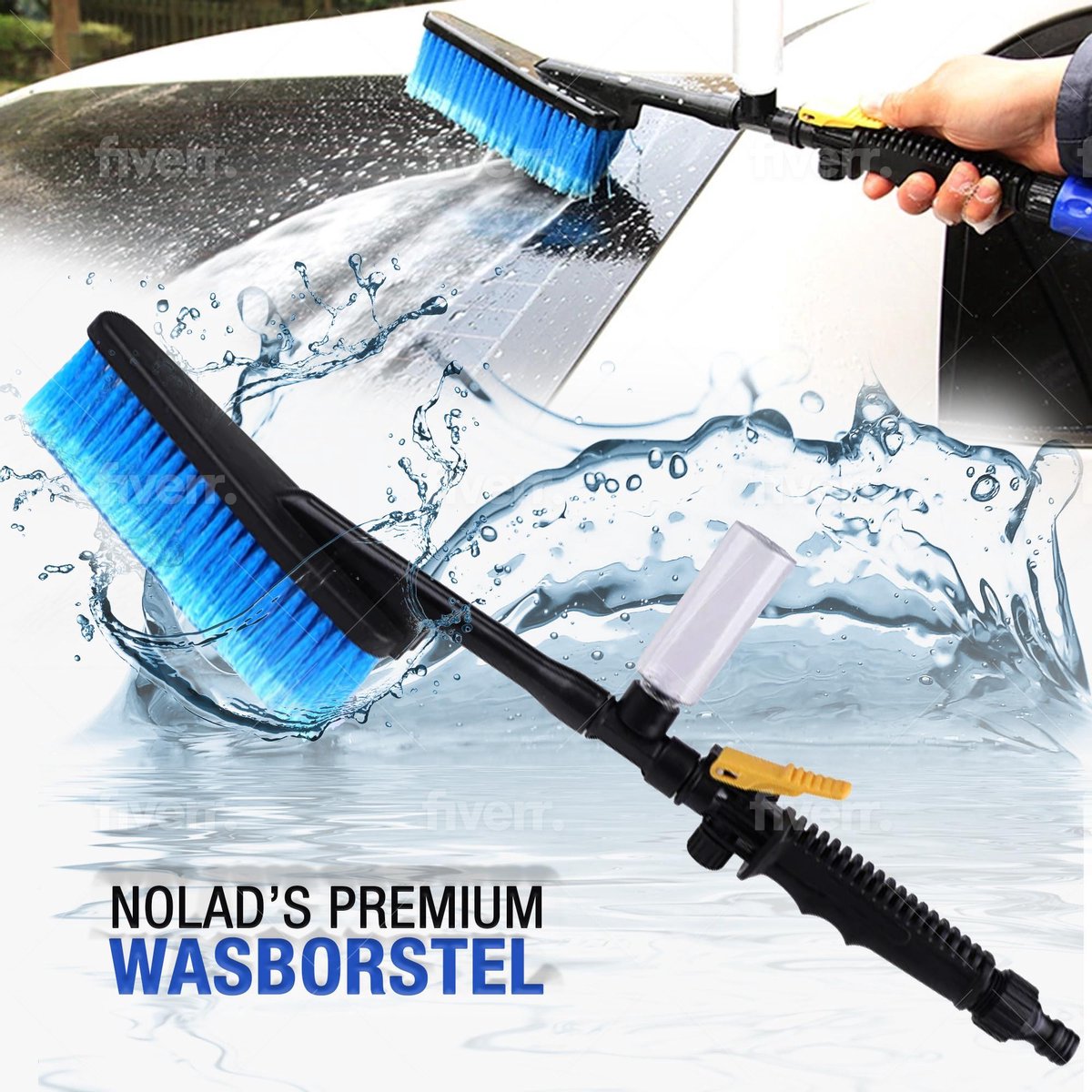 Nolad Premium Wasborstel/Reinigingsborstel/Onderhoudsborstel - Autowasborstel -  Intrekbare Borstel - Lange steel/handvat -  Anti-Slip Handvat - Water Detector - Waterstroom Schakelaar - Schuim Fles - Zwart/Blauw